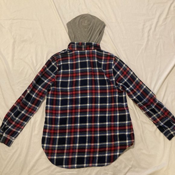 Socialite Red and Blue Plaid Flannel Button Down with Grey Hoodie - Picture 4 of 9